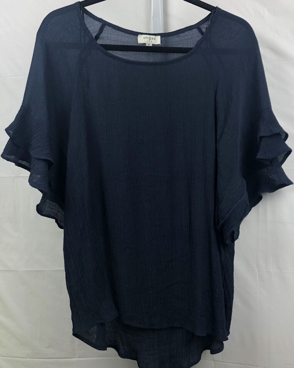 Umgee Top Women M Navy Crinkle Tunic Ruffle Tiered Raglan Sleeve Round Neck